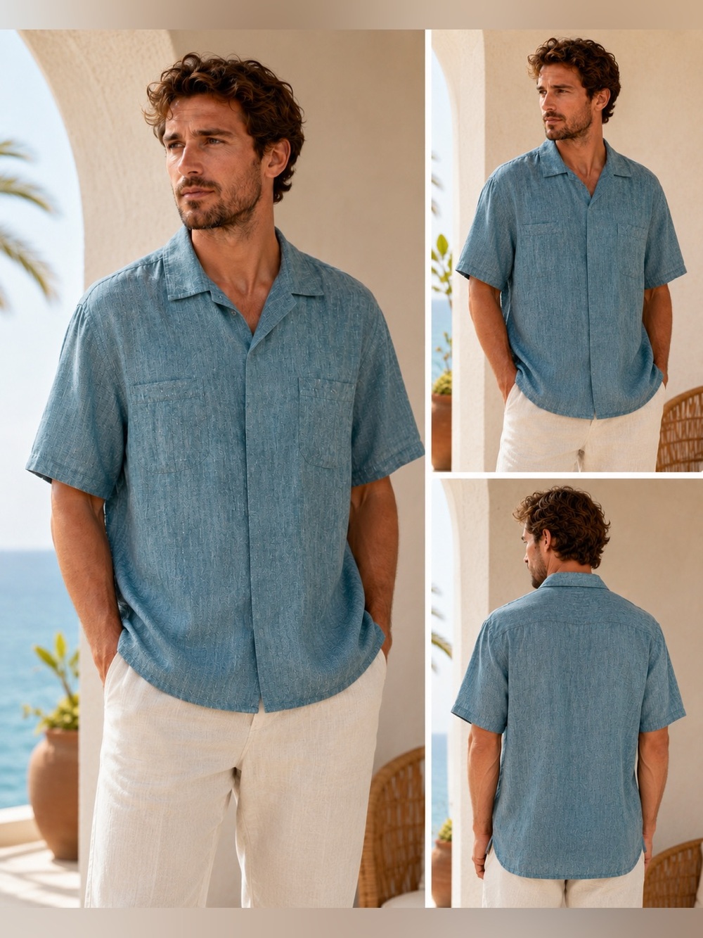 Calibre Men’s Blue 100% Linen Short Sleeve Button-Up Shirt XL Coastal Resort